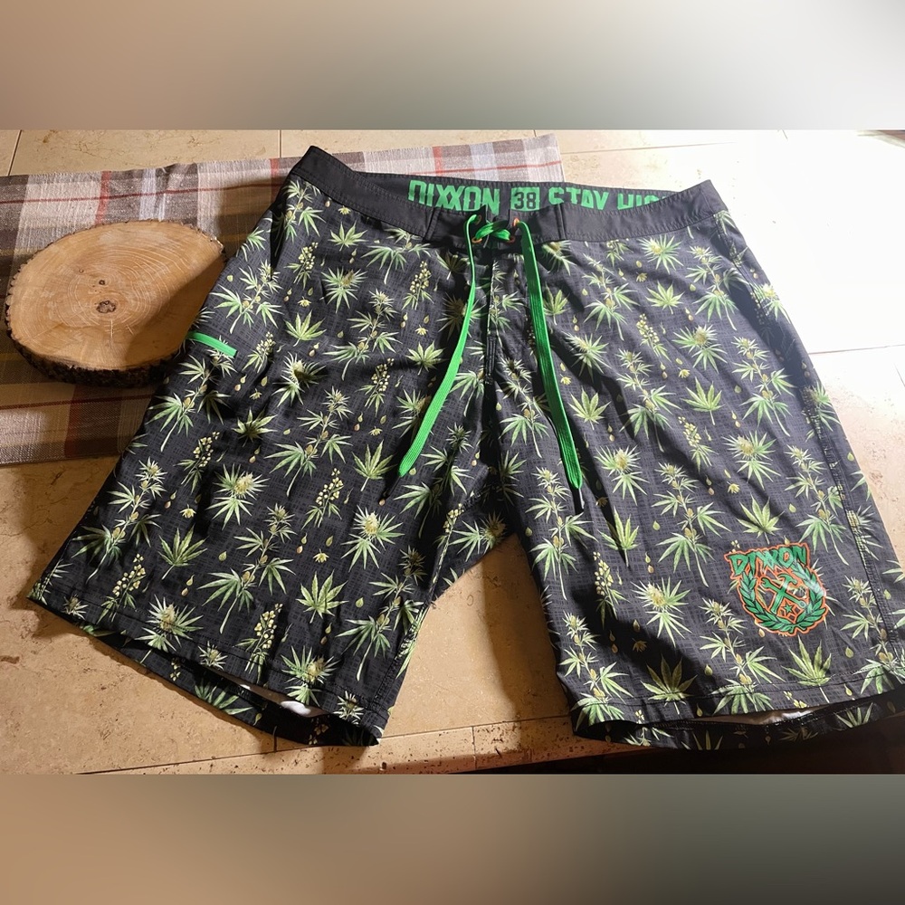 DIXXON Black and Green Leaf Pattern Shorts